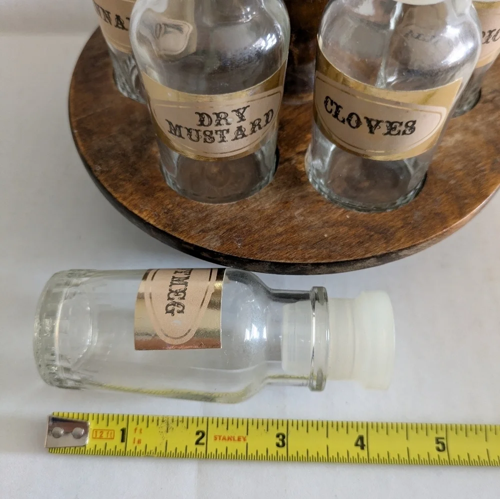 Vintage Glass Spice Jars Bottles Set of 12.Apothecary Jars With Wood Lazy Susan